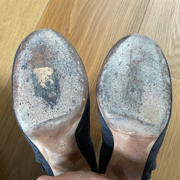 CHANEL CHAIN-TRIM ANKLE BOOTS DARK GRAY GLITTER SUEDE HIGH HEEL - Picture 5 of 7